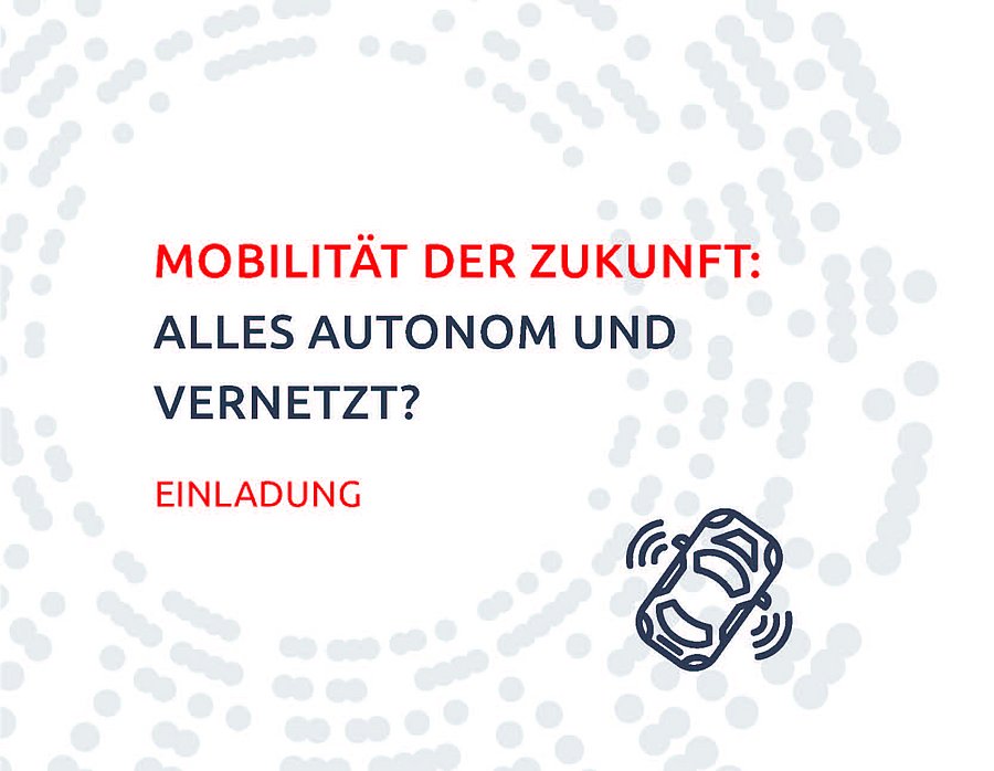 The image shows the title of the event "Mobility of the Future: All Autonomous and Transposed. Invitation" in capitals against a white background. In the background, a stylized circular arrangement of dots can be seen in several lanes, above which a car depicted as a line drawing is shown, giving the impression that it is driving on these lanes.